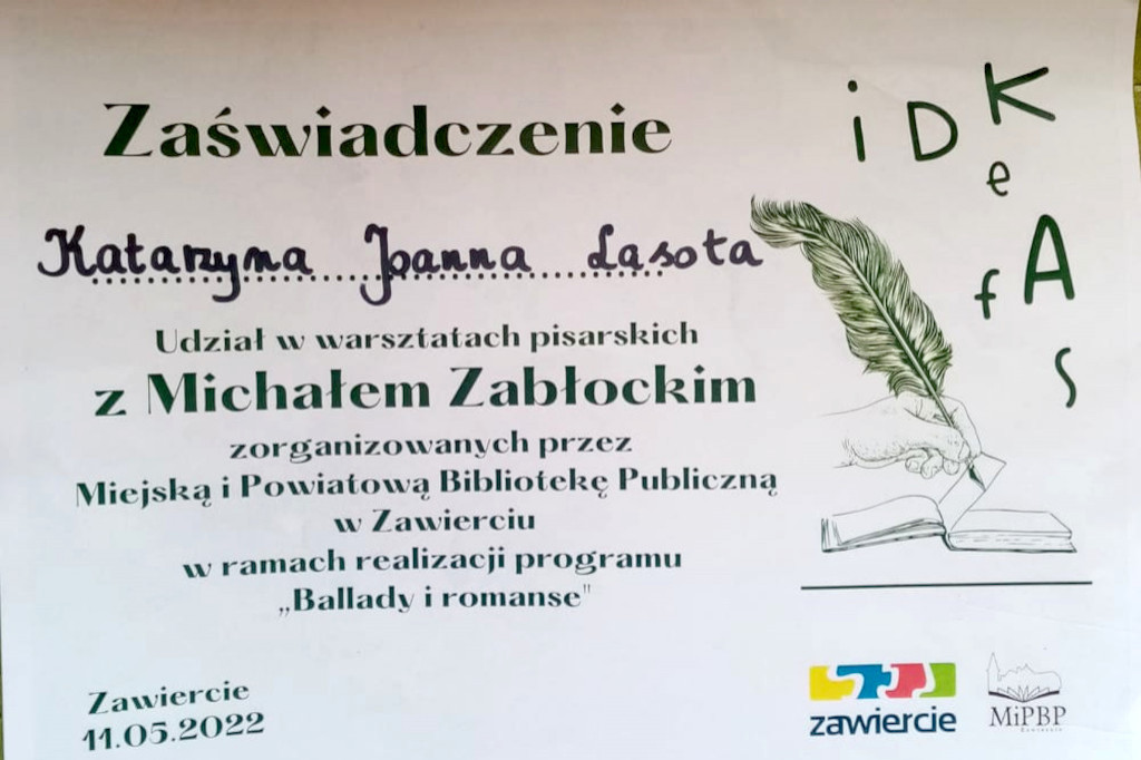 Warsztaty pisarskie z Michałem Zabłockim w Zawierciu